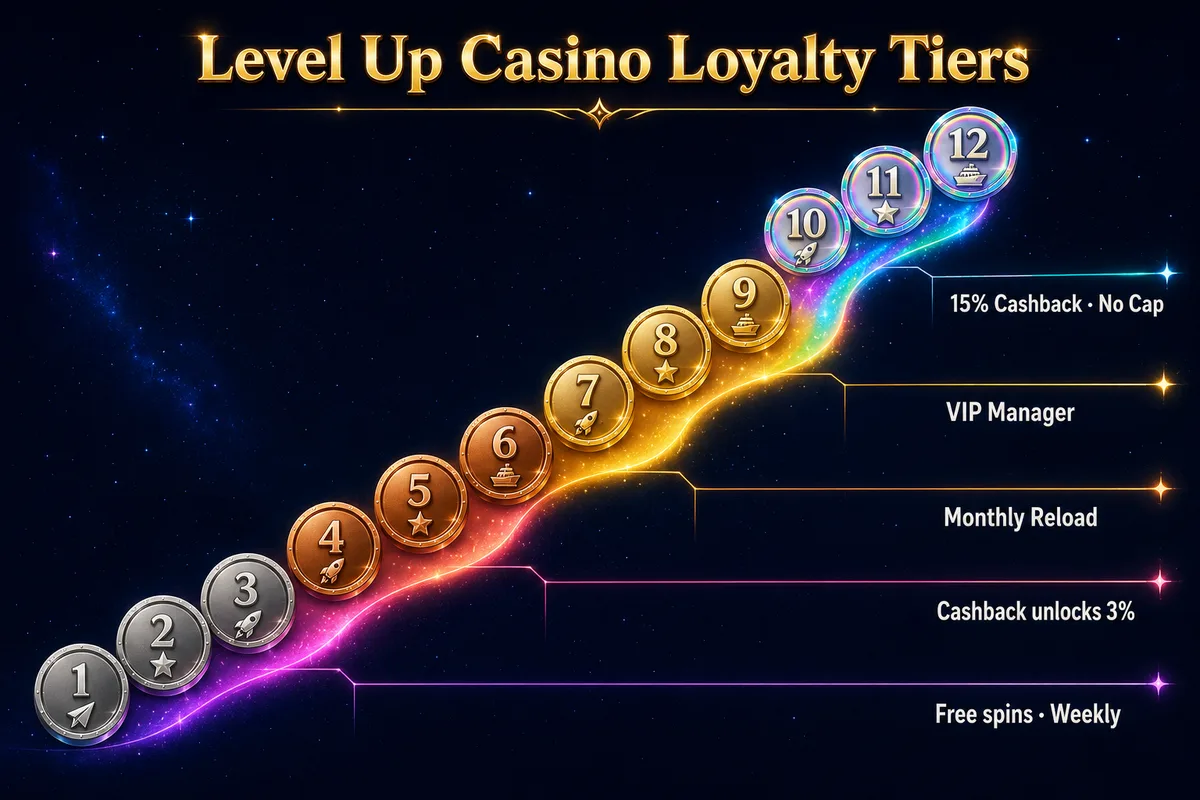 Level Up Casino 12-tier loyalty programme — silver tiers 1-3, bronze tiers 4-6 (cashback unlocks at 3%), gold tiers 7-9 (monthly reload and VIP manager unlock), holographic tiers 10-12 culminating in 15% cashback with no cap.