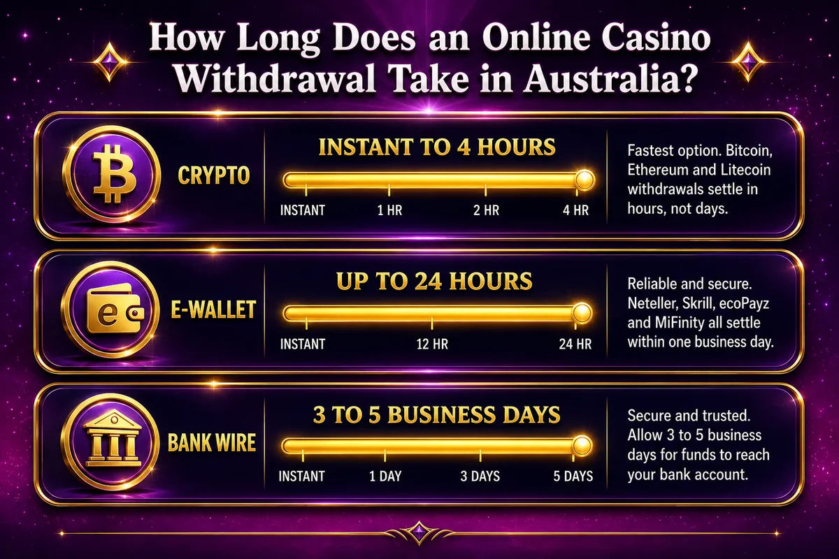 Level Up Casino withdrawal times by method: crypto (Bitcoin, Ethereum, Litecoin) instant to 4 hours, e-wallets (Neteller, Skrill, ecoPayz, MiFinity) up to 24 hours, bank wire 3 to 5 business days. Australian online casino withdrawal speed comparison.